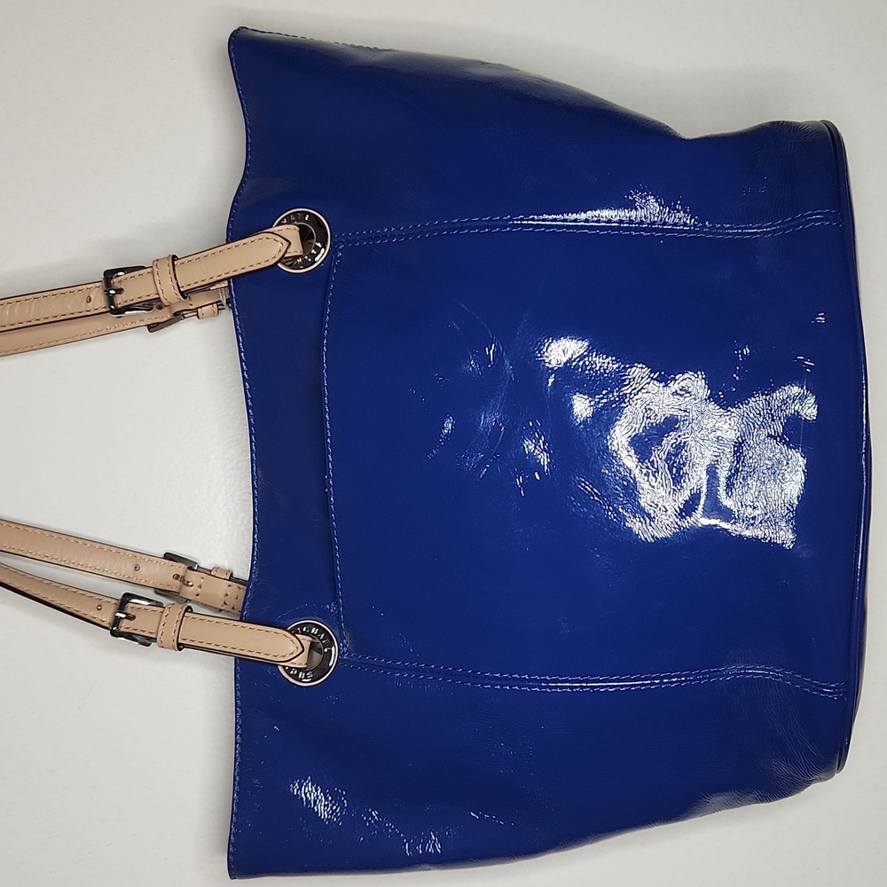 Michael Kors Patent Royal Blue Tote with Tan Straps